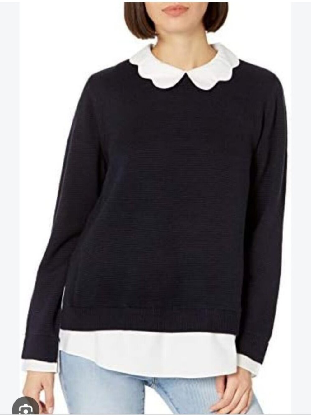 TED BAKER | Bronwen Layered-Look Sweater white scalloped Collar Navy Sz XS